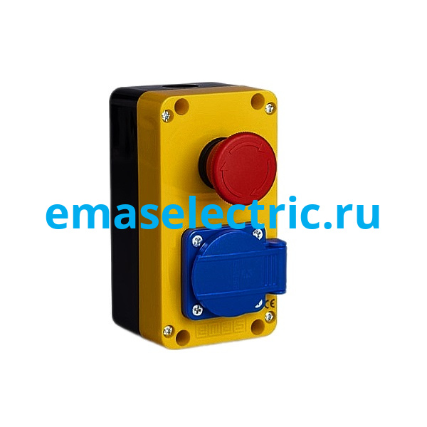 PA22E40P1 Пост управления желто-черный с аварийной кнопкой "Грибок 40мм." и розеткой