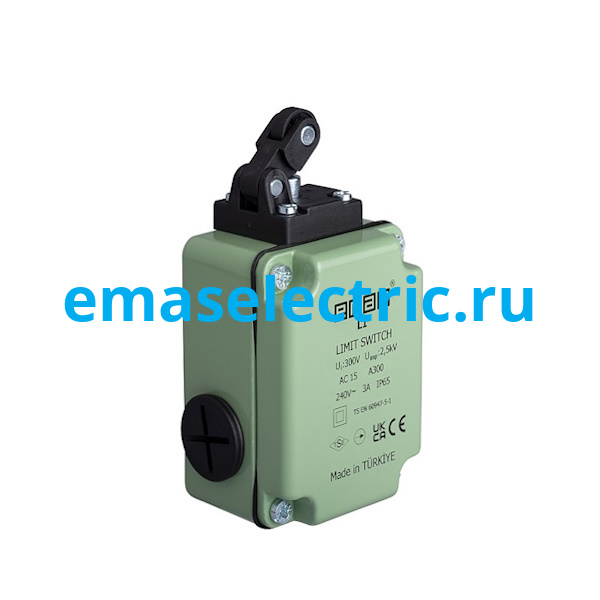 L1K13MIP311 Концевой выключатель, привод однонаправленный пластиковый ролик 14мм с угловым действием (1НЗ+1НО, мгновенное сраб.), серия L1, алюминиевый корпус (240В AC, 3А), IP65