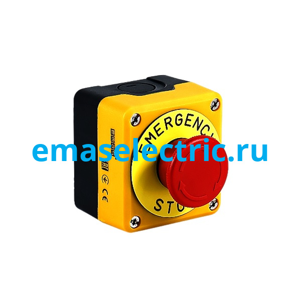 P1EC400E40K  Пост управления однокнопочный (кнопка аварийная "Грибок" 40мм, 1НЗ, возврат поворотом, с маркировкой), жёлтый-чёрный цвет, cерия P, пластиковый корпус (250В AC, 4А), IP65