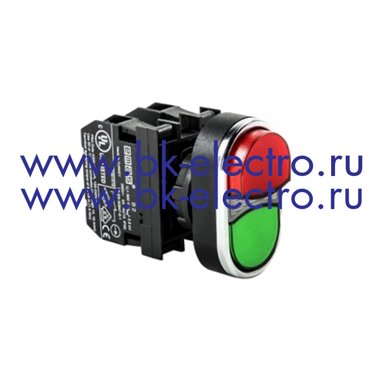 B132K21KY Кнопка двойная Ø22 мм. выступающая  (1НО+1НЗ) IP50, с блок контактом подсветки под лампу Ba9S