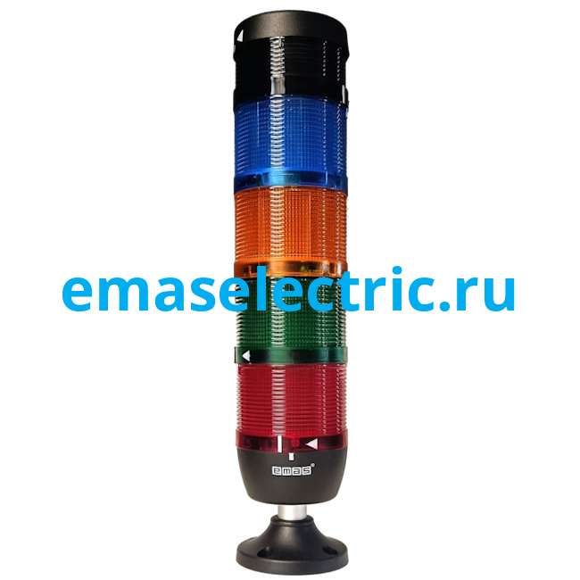 IK74L024ZM02  Сигнальная колонна 70мм, 4 цвета (красный, зелёный, жёлтый, синий), с зуммером, светодиод LED, алюм. патрубок 20мм с основанием, 24В AC/DC, IP40