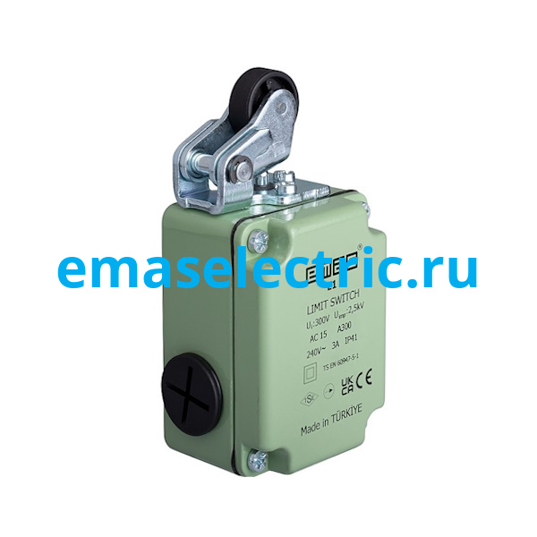 L1K13MIP111 Концевой выключатель, привод однонаправленный пластиковый ролик 22мм с угловым действием (1НЗ+1НО, мгновенное сраб.), серия L1, алюминиевый корпус (240В AC, 3А)