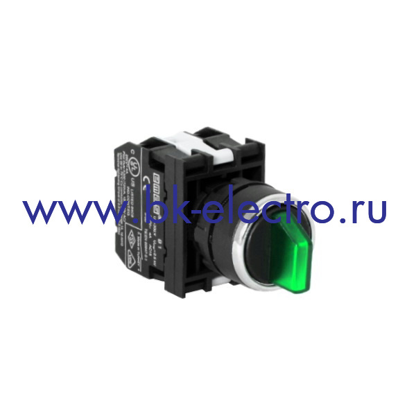B131SL31Y Селекторный переключатель Ø22мм, (2-0-1) с фиксацией в 1-ом положении, зеленый (1НО+1НО) IP50 с блоком подсветки BA9s без лампы