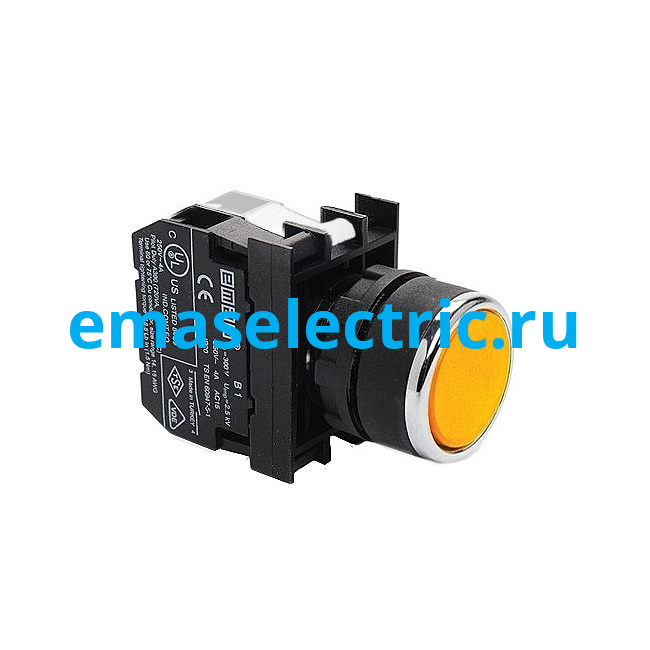 B180DS Кнопка (1НО), жёлтый цвет, с блоком подсветки B8 (жёлтый светодиод, 12-30В AC/DC), серия B (250В AC, 4А), IP50