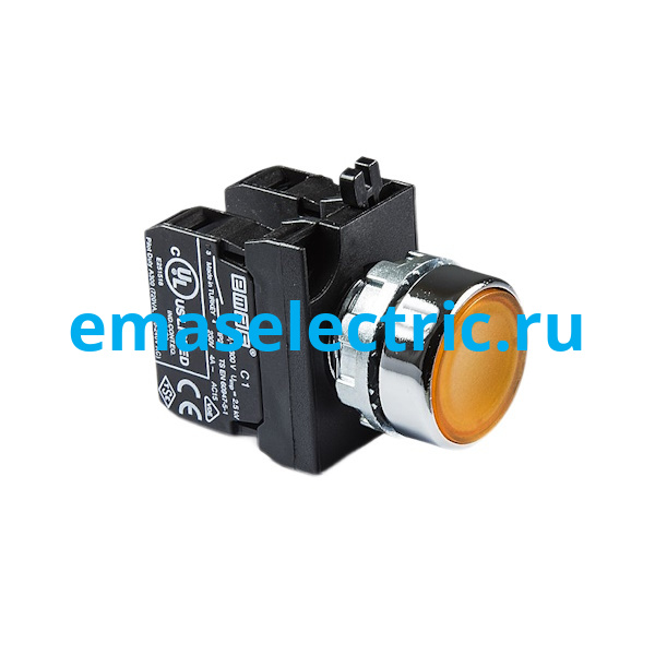 CM102DS Кнопка нажимная Ø22мм. круглая, без фиксации, желтая (1НО+1НЗ) в металл. корпусе