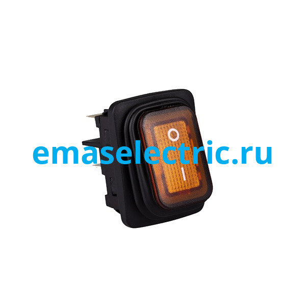 А54B1S11 Выключатель клавишный 30*22мм с подсветкой (2НО), чёрный корпус, желтый цвет клавиши, маркировка 0-1, подкл. клемма (250В AC, 16А), IP65