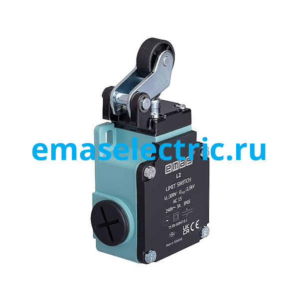 L2K13MIP211 Концевой выключатель, привод однонаправленный пластиковый ролик 22мм с угловым действием (1НЗ+1НО, мгновенное сраб.), серия L2, алюминиевый корпус (240В AC, 3А), IP65