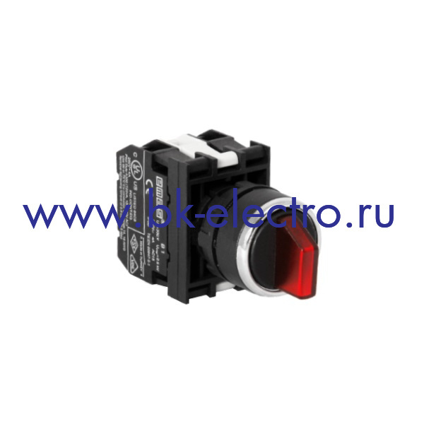 B131SL31K Селекторный переключатель Ø22мм, (2-0-1) с фиксацией в 1-ом положении, красный (1НО+1НО) IP50 с блоком подсветки BA9s без лампы