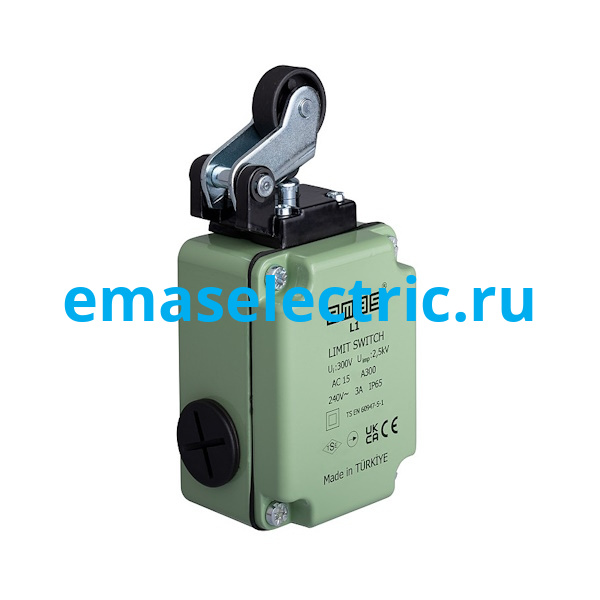 L1K13MIP211 Концевой выключатель, привод однонаправленный пластиковый ролик 22мм с угловым действием (1НЗ+1НО, мгновенное сраб.), серия L1, алюминиевый корпус (240В AC, 3А), IP65