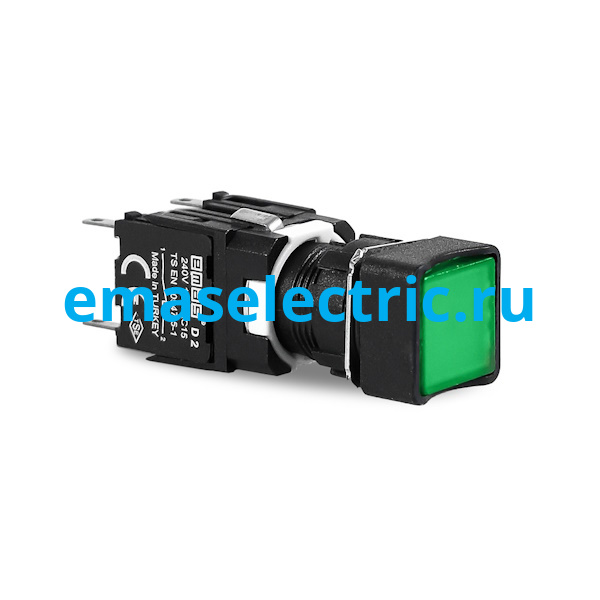 D101KDY Кнопка квадратная (1НО+1НО), зелёный цвет, серия D (250В AC, 1,5А), IP50