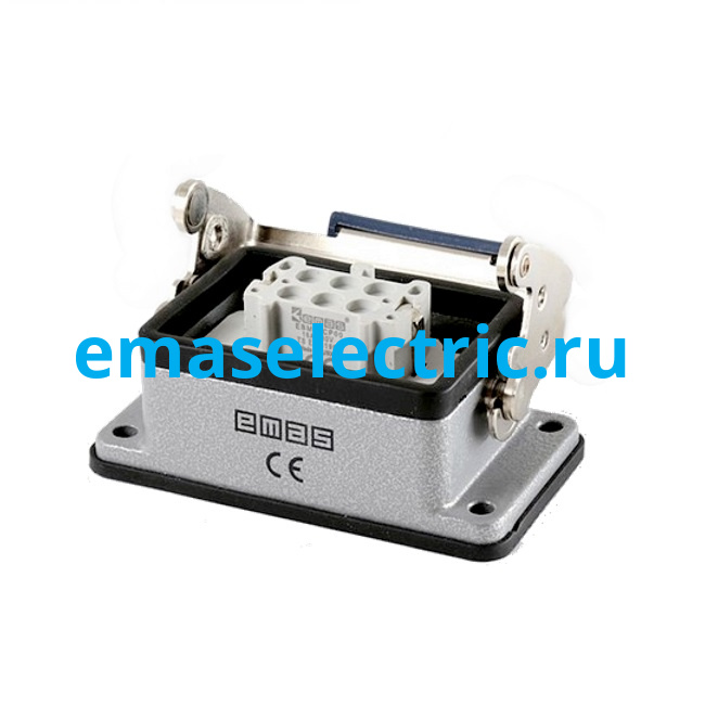 EBM06PM46 Кожух с гнездом (монтаж на перегородке) металлический, 6 полюсов, 16A, нижний ввод, фиксаторы металл, IP65