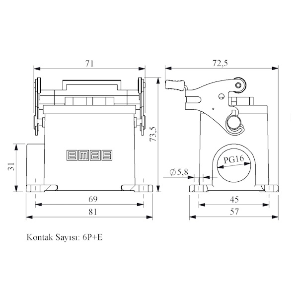 EBM06FD12 Кожух со штепселем металлический, 6 полюсов, 16A, боковой ввод (PG 16), IP65